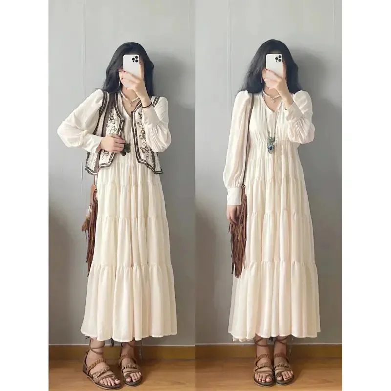 

Long Dress Women Loose V Neck Long Sleeve Ruffles Maxi Dress + Embroidery Flower Vest Holiday Beach Dress Vestido