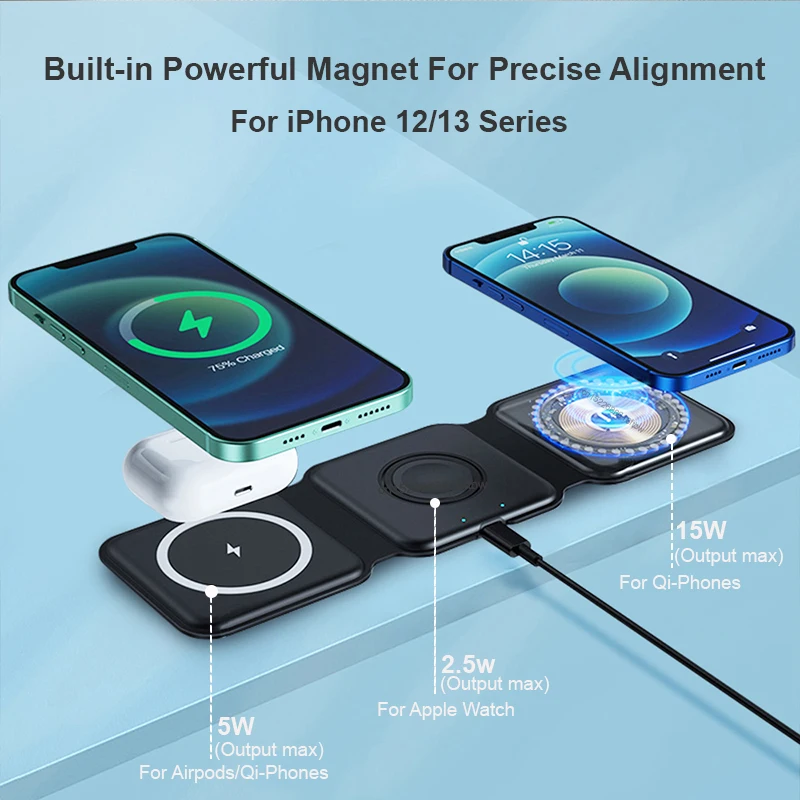 3 in 1 wireless charger foldable for iphone 12 13 pro max 15w magnetic fast charging dock stand for apple watchairpods portable free global shipping
