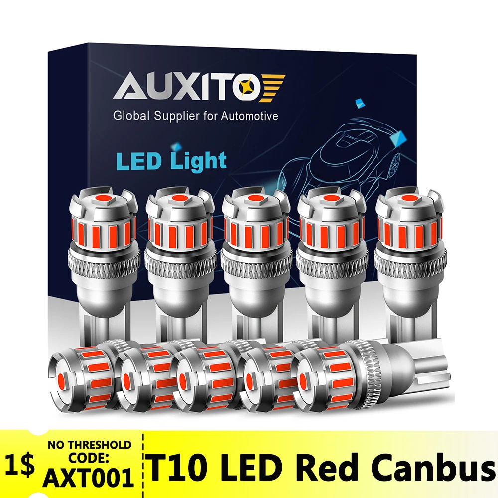 

AUXITO 10Pcs T10 W5W LED Red Canbus No Error Car Panel Light License Plate Trunk Side Marker Interior Lamp 12V White Blue Yellow