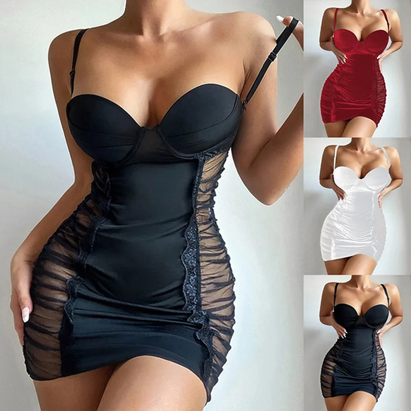 

Sexy Lingerie Underwire Bra Pad Cheongsam Black Perspective Sexy Suit Nightdress Deep V PerspectiveCrotchless Underwear Costume