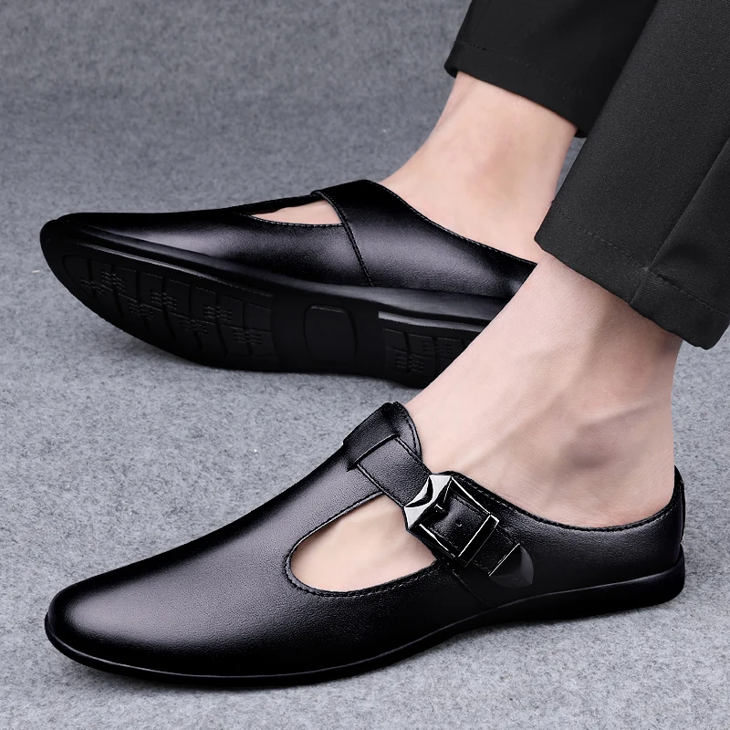 2022New Hot Sale Summer Half Drag Men Outdoor Casual Flats Fashion Sandals Genuine Leather Beach Shoes Quality Non-slip Slippers