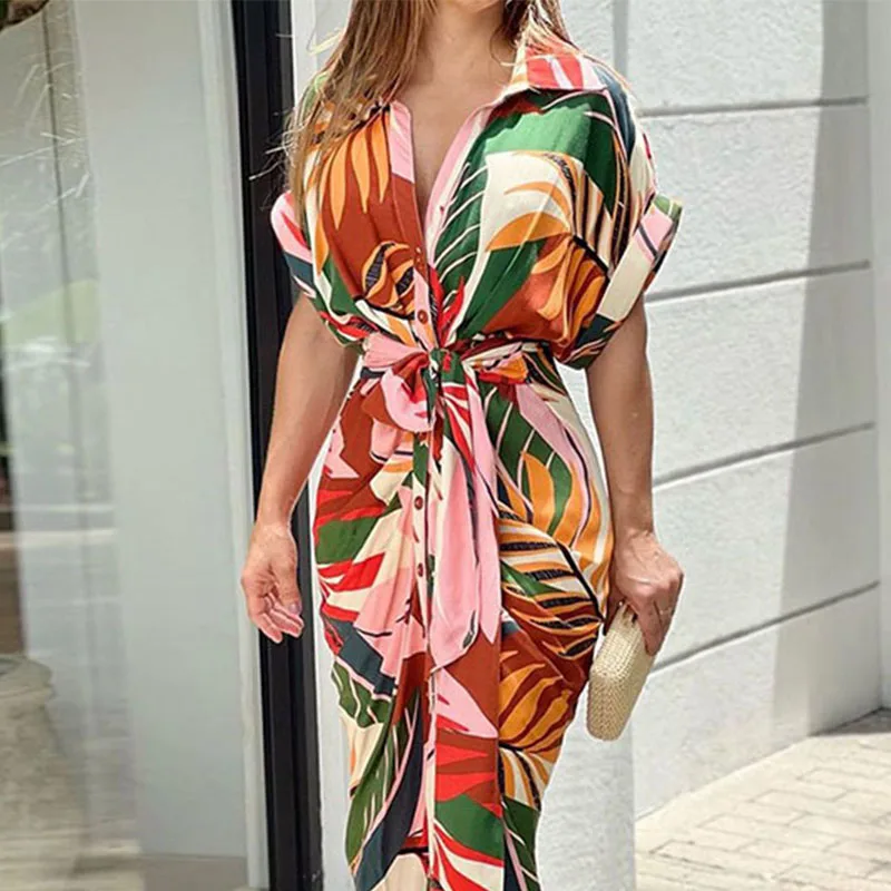 

Women Art Print Lapel Dress Summer Elegant Short Sleeve Single Row Button Tie Up Dresses Female Sexy Party Pleated Maxi Dresses