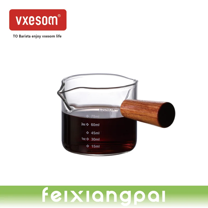 

VXESOM 75 мл стеклянная мерная чашка для эспрессо с деревянной ручкой, стеклянный мерный кувшин для молока