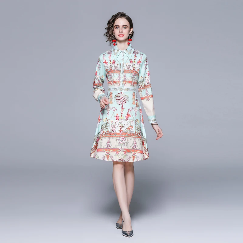 

Vintage Print Shirt Dresses 2022 Office Lady Chic Turn-down Collar Long Sleeve Dress Spring Fashion Elegant Midi Dresses Woman