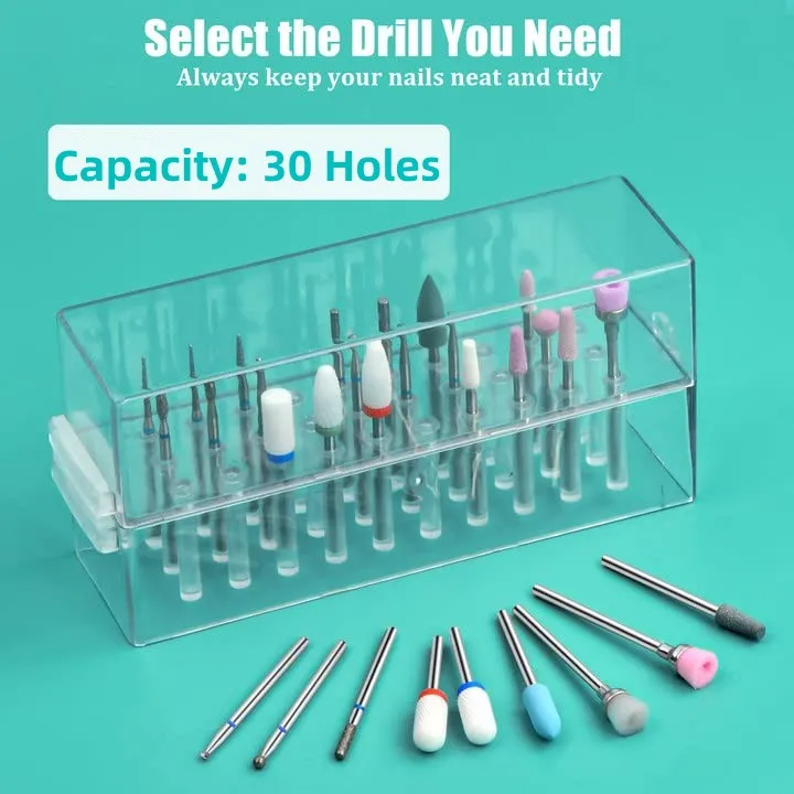 

Nail Drill Bits Holder Storage Box 30 Holes Clear for 3/32" Shank Efile Bit Dustproof Case for Acrylic Nails Tools
