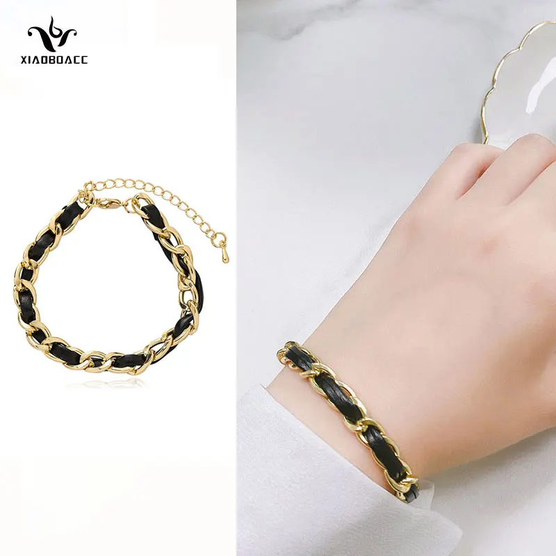 

XiaoboACC 17.5CM+4.5CM Retro Black Leather Woven Bracelets for Women Metal Chain Bracelet Bangles Jewellery