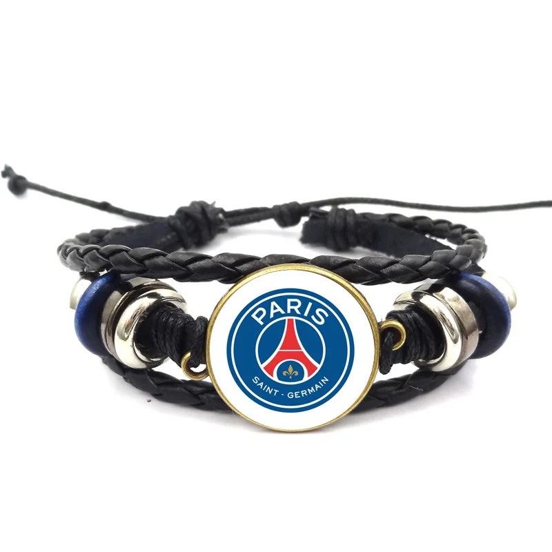 

DIY Leather Braided Bracelet Glass Metal Buckle Jewelry French Football League Logo Men Women Punk Beaded Braclets