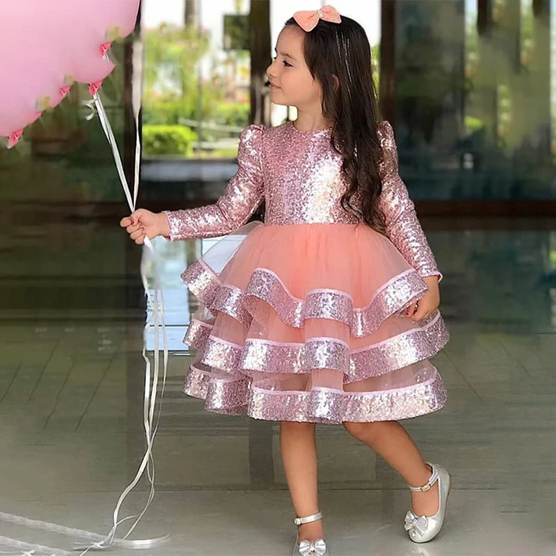 

Dreamgirl A Line Flower Girl Dress Pink Sequin Ball Gown Tiered Wedding Party Dress Glitter Baby Girl Dress Knee Length Gown