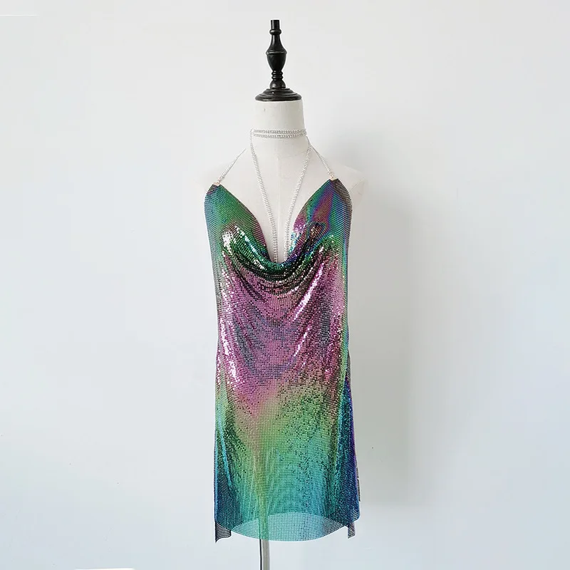 

Женское короткое платье с открытой спиной, металлическое алюминиевое облегающее платье-трапеция с металлическим разрезом и цепочкой для ночного клуба и вечевечерние, 2022