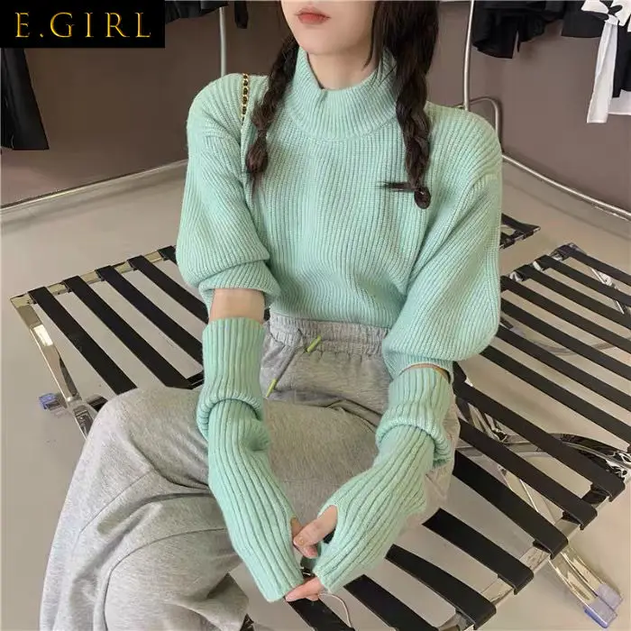 Stylish Personality Turtleneck Knitted Sweater Women Simple Solid-color Half Bubble Sleeve Knit Sweaters 2021 Spring Autumn New