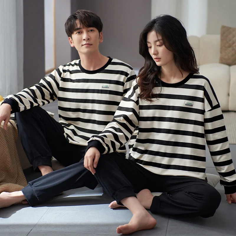 2022 Autumn Couple 100% Cotton Long Sleeve Loose Pajama Sets for Men Casual Striped Sleepwear Pyjama Homewear Women Home Clothes