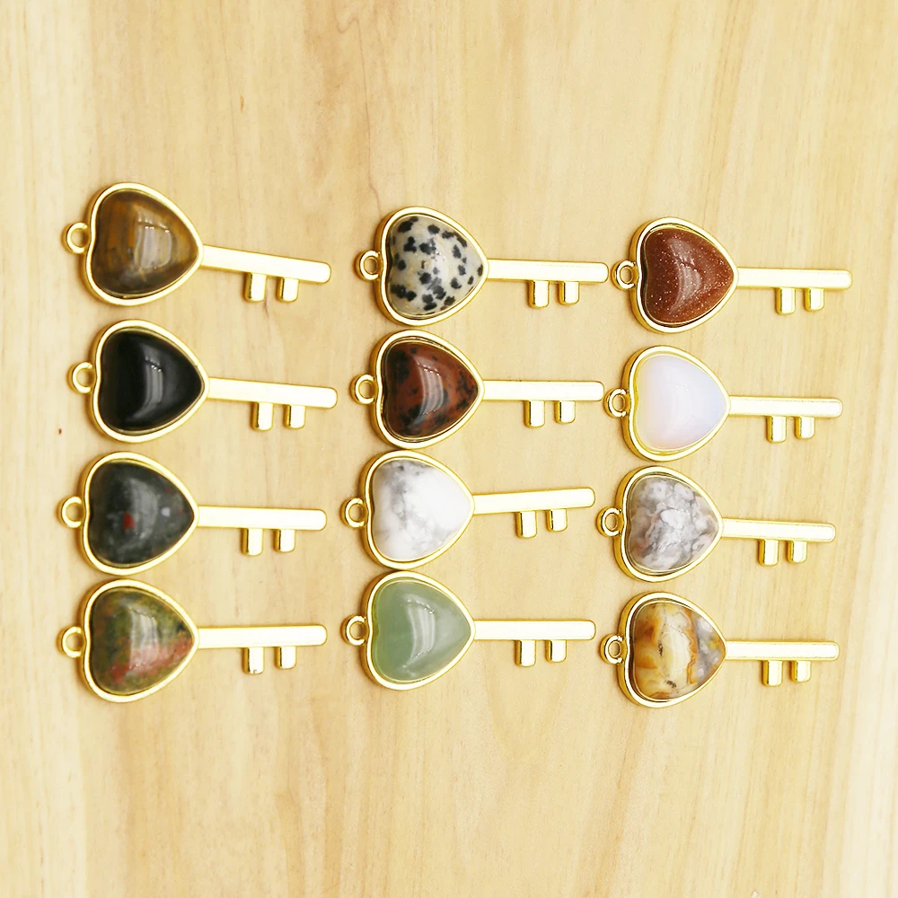 Free Shipping Natural Crystal Agate Love Gold Key Pendant Necklace DIY Charm Fashion Jewelry Accessories Wholesale 10Pcs Random