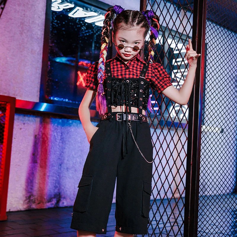 

New Sequin Vest Plaid Top Black Pants For Girls Jazz Street Dancewear Children HipHop Clothing Kid Modern Dance Clothing