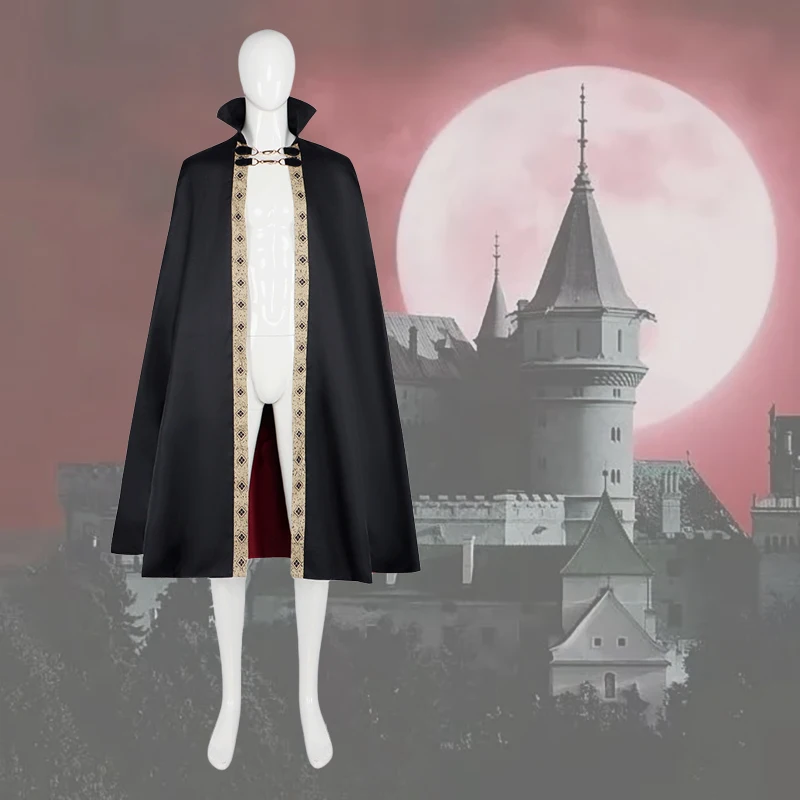 

Vampire Cloak Cosplay Costume Medieval Duke Wear Halloween Party Performance Double-Layer Coat Clothing for Men Women Black
