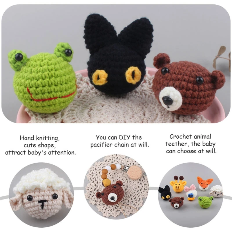 

Handmade Crochet Animal Head Knitting Beads DIY Baby Pacifier Chain Chewable Toy