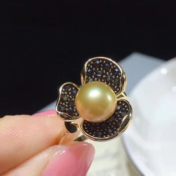 MeiBaPJ 10-11mm Golden Natural Pearl Fashion Flower Ring 925 Sterling Silver Fine Wedding Jewelry for Women
