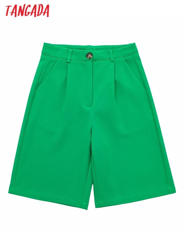 

Tangada 2022 Chich Women Elegant Solid Green Shorts Button Pockets OL Shorts Pantalones JE135