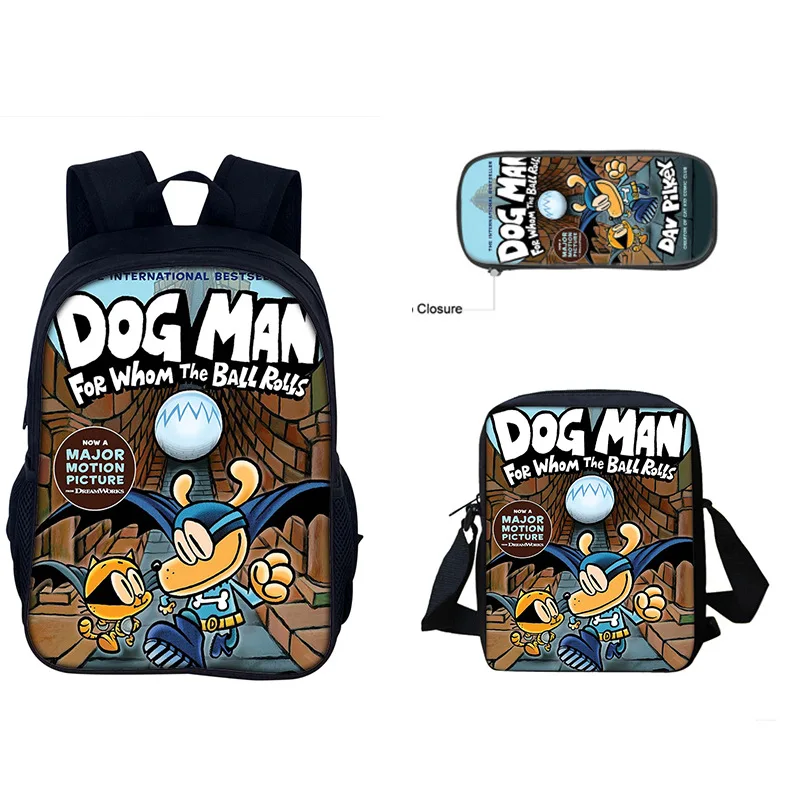 Фото Набор из 3 предметов Dog Man: Забавный мультяшный школьный рюкзак для мальчиков с сумкой через плечо, пеналом и принтом игровых персонажей, водонепроницаемый детский ранец №5