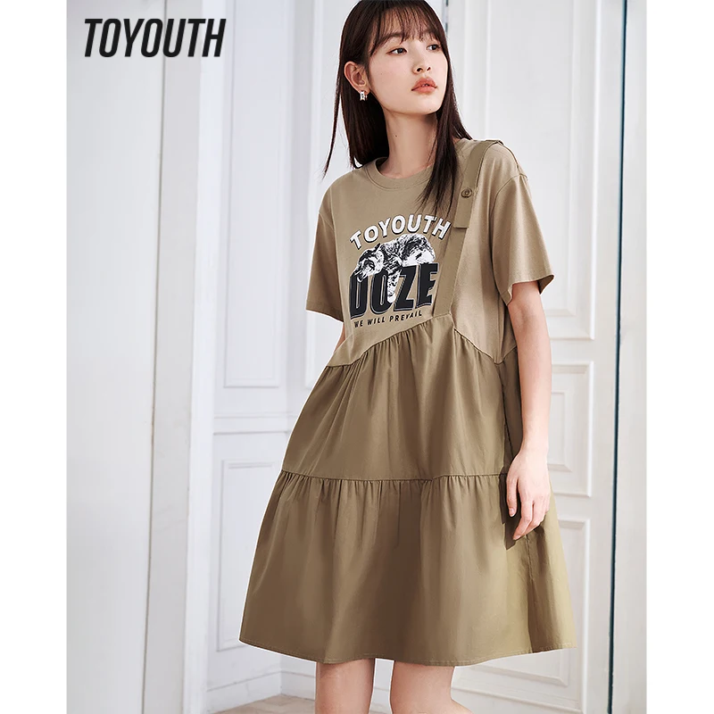 Toyouth Women Fake Two Piece  Dress 2023 Summer Short Sleeve O Neck A-shape Elastic Waist Graphic Print Casual Mid-length Skirt