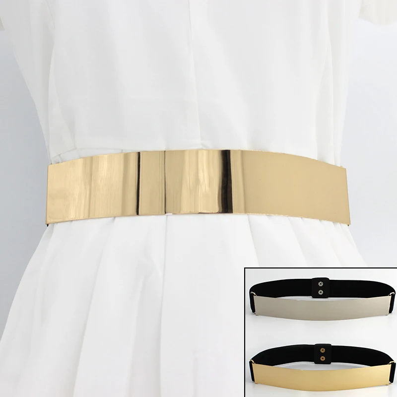

Elastic Wide Women Wasit Belt Mirror Decorative Dress Belt Gold Luxury Waistband Metal Sheet Belt Ladies Apparel Waistband