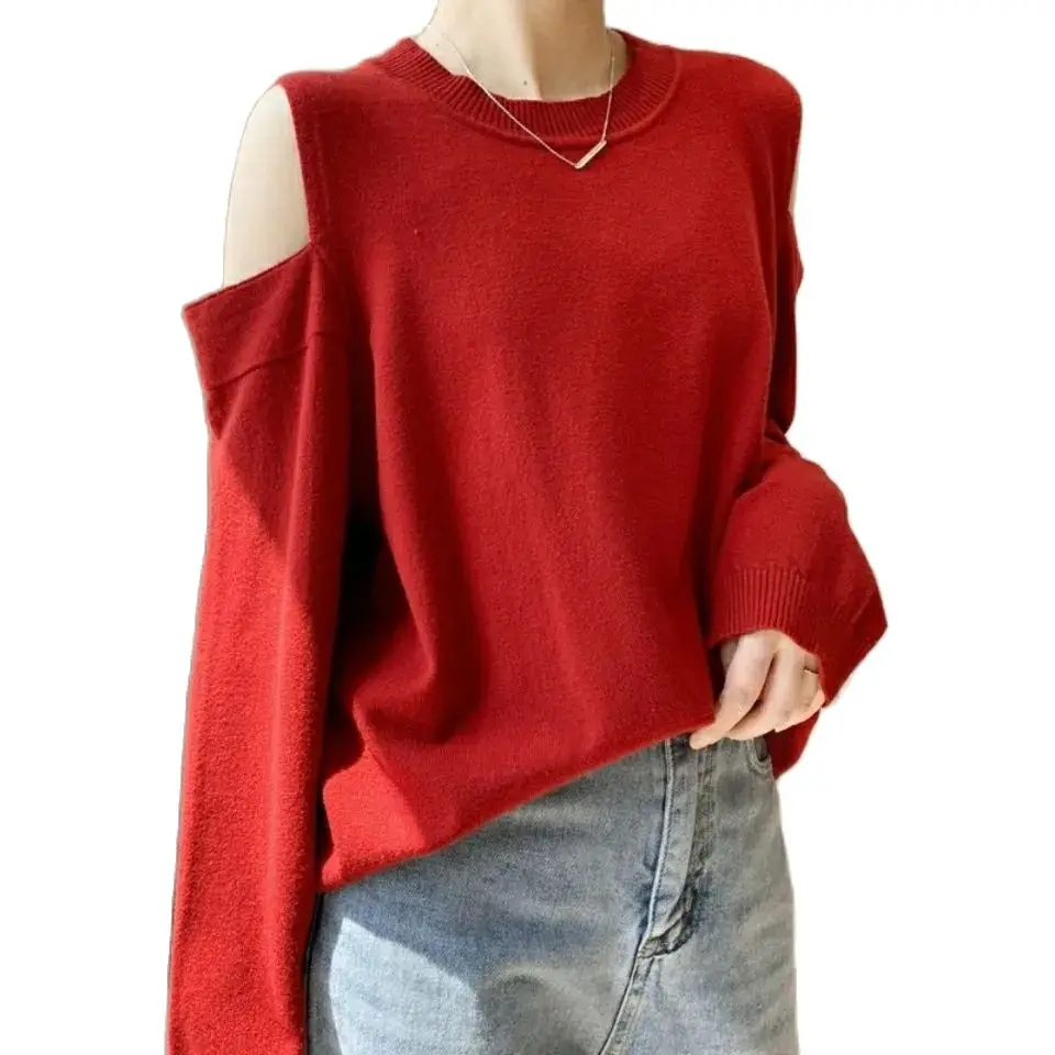 

Sexy off shoulder top women's large loose round neck Pullover T-shirt knit sweaters P3 649