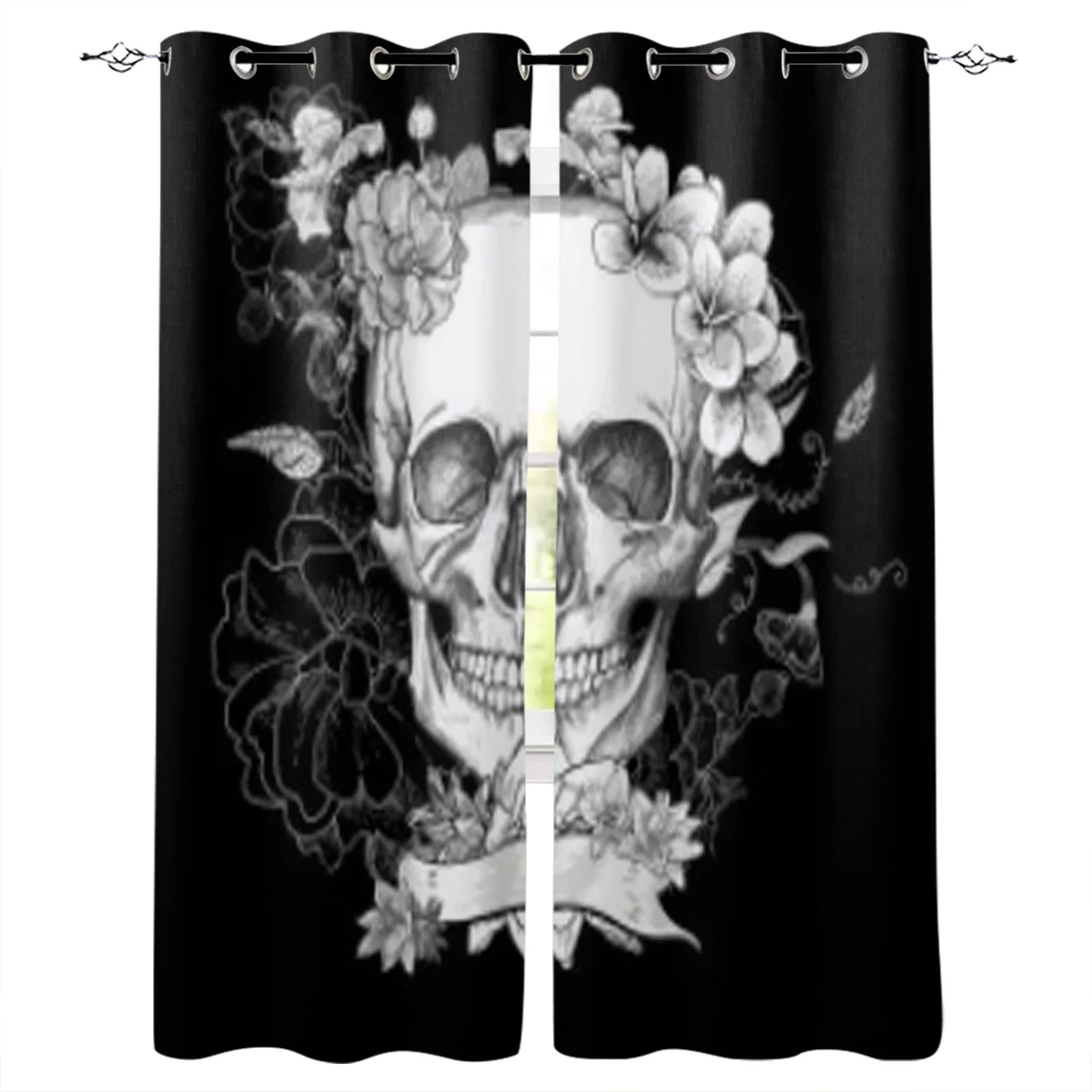 

Skull And Flowers Day Of The Dead Modern Curtains Window For Living Room Bedroom Grommet Blinds Drapes Door Curtains