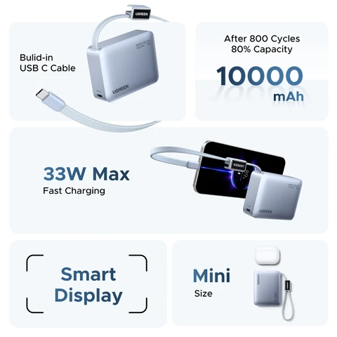 Внешний аккумулятор UGREEN Mini 33W 10000 мАч со встроенным кабелем Type-C, зарядное устройство PD 30W, совместимое с Xiaomi 33W