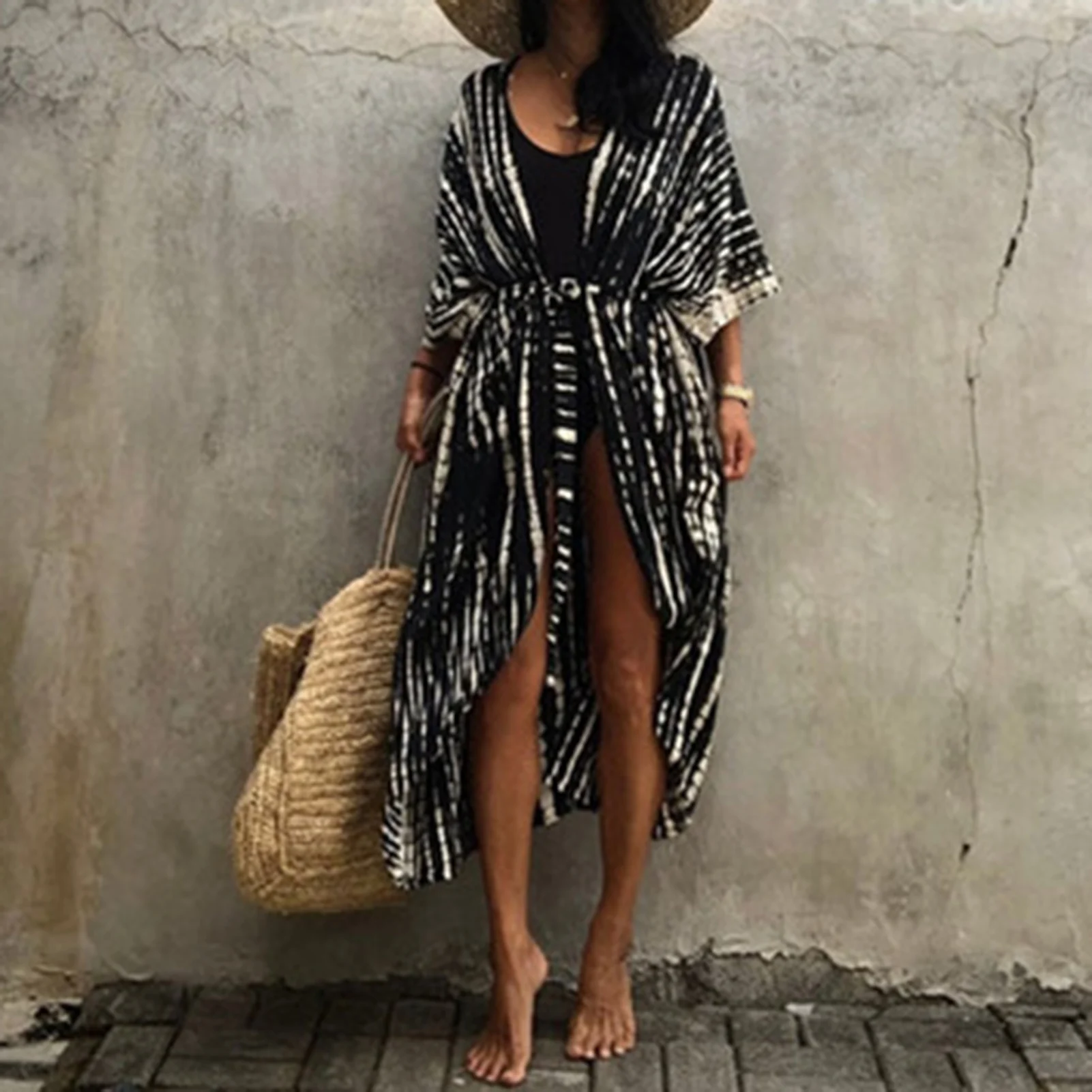

New Open Front Bathing Suit Cover up Printed Belted Swimwear Long Cardigan Wear with Bikini T-Shirts Jeans