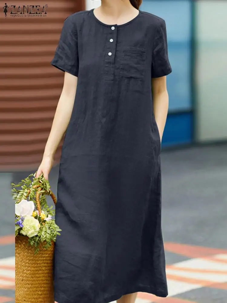 

ZANZEA Summer O Neck Short Sleeve Dress Elegant Women Casual Loose Party Work Vestido Solid Kaftan Cotton Midi Sundress Oversize