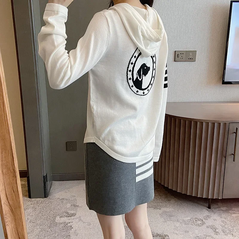 

High Quality Fall Fashion Casual Hooded Drawstring Crossbar Back Puppy Pattern Bottomed Long Sleeve T-shirt Top Women