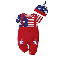 2 pcs newborn independence day outfits toddler star stripe print short sleeve round neck jumpsuit knotted hat