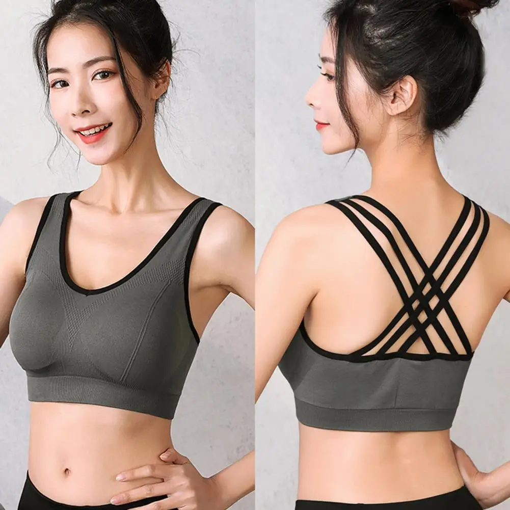 

Strappy Back Bras U Collar Shock Resistant Solid Color Medium Support Yoga Bra for Gym