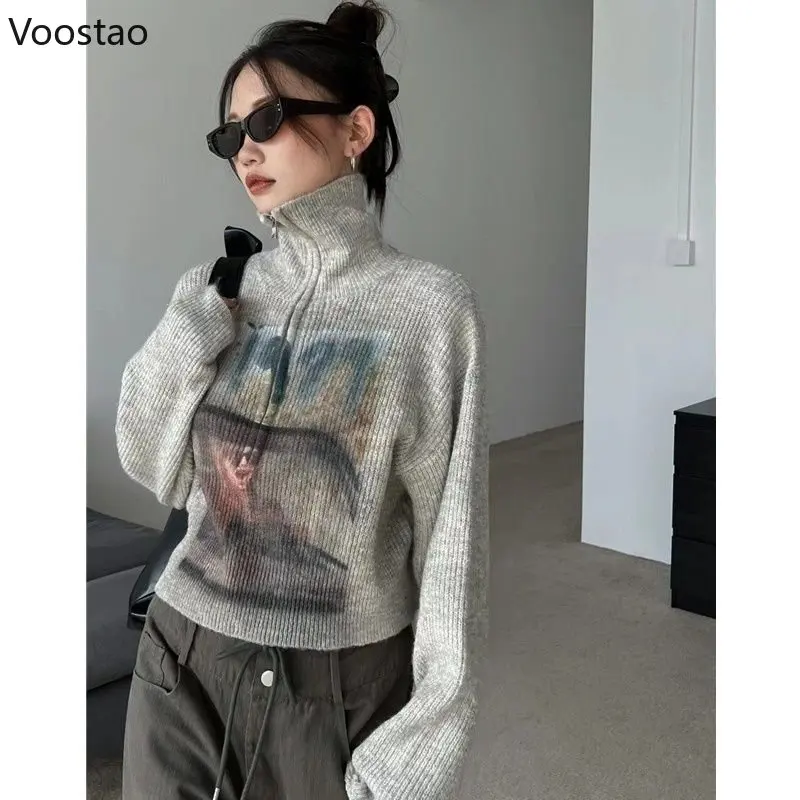 

Vintage Y2k Knitted Sweater Spring Autumn Casual Streetwear Print Zipper Pullover Women Aesthetic Grunge Punk All Match Pullover