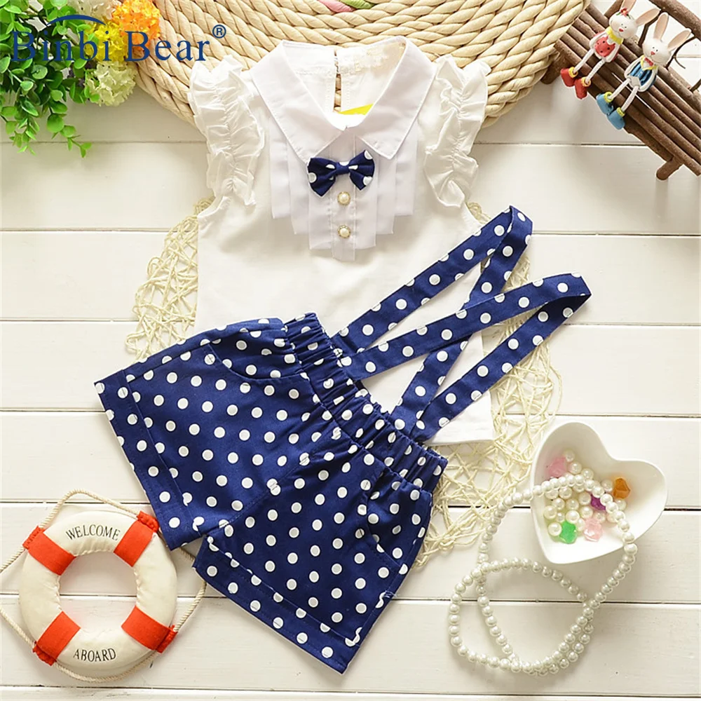 

Summer Girl's Polka Dot Bowknot Overalls Set Baby Girl Kids Clothes Short-sleeved T-shirt Toddler Child Two-piece Suit Clothing