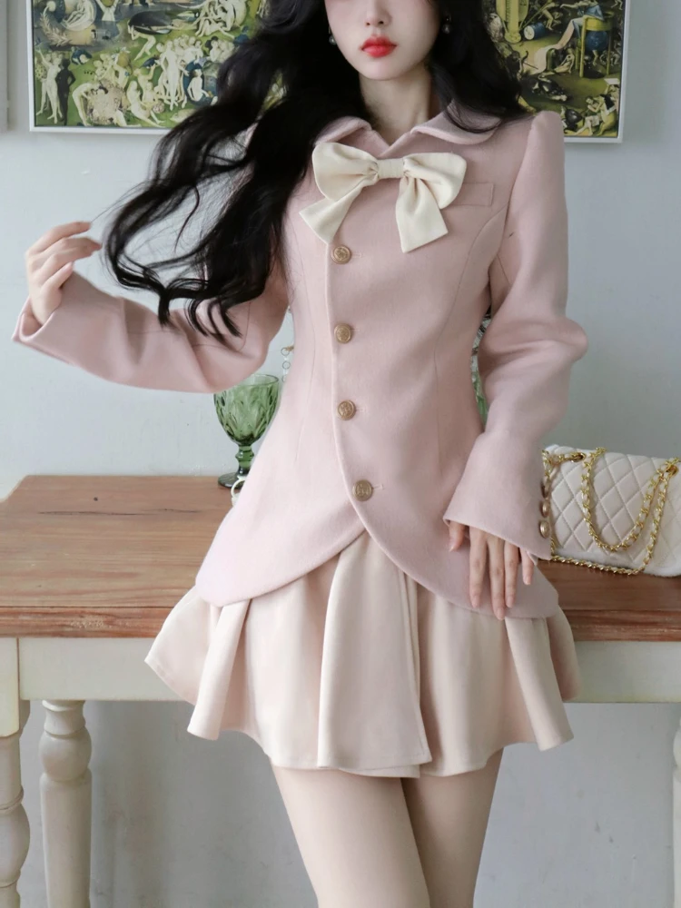 Pink Kawaii Elegant Party Mini Dress Women Long Sleeve Korean Style Sweet Cute Dress Warm Winter France Vintage Dress Coat 2023
