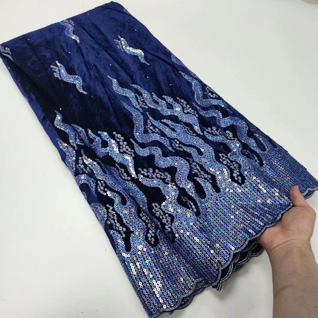 

Latest Blue African Velvet Sequined Lace Fabric 2022 High Quality Embroidery Nigerian French Mesh Lace Fabric For Wedding Sew