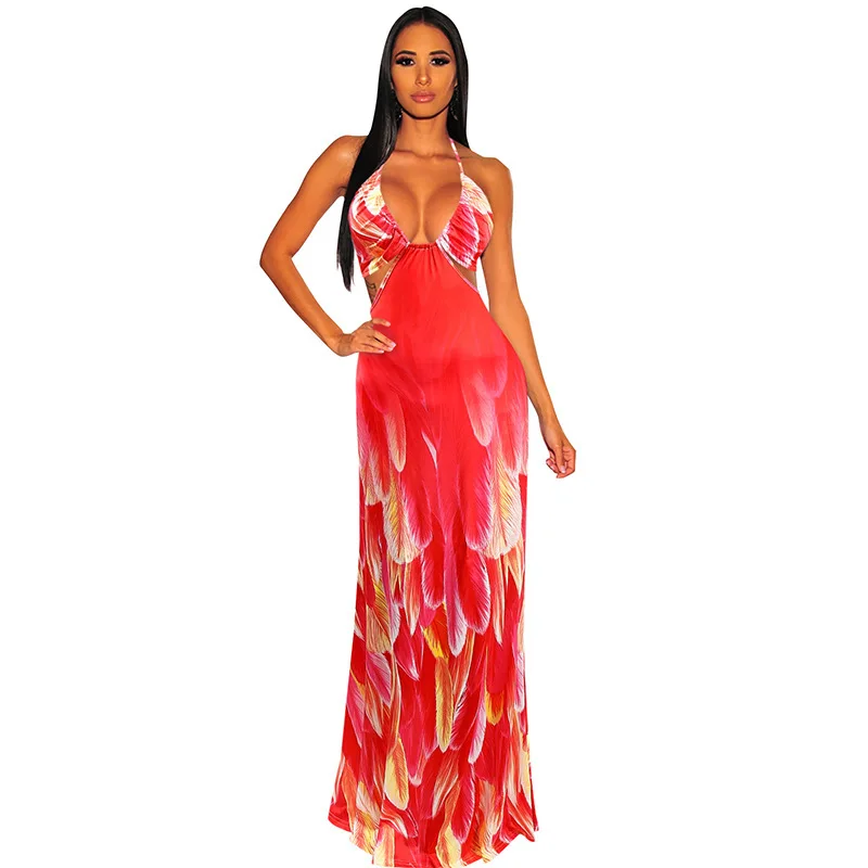 

Sexy Sleeveless Halter Hollow Out Backless Slim Long Dress Women Elegant Printed Straps Club Party Maxi Dress Casual Dress