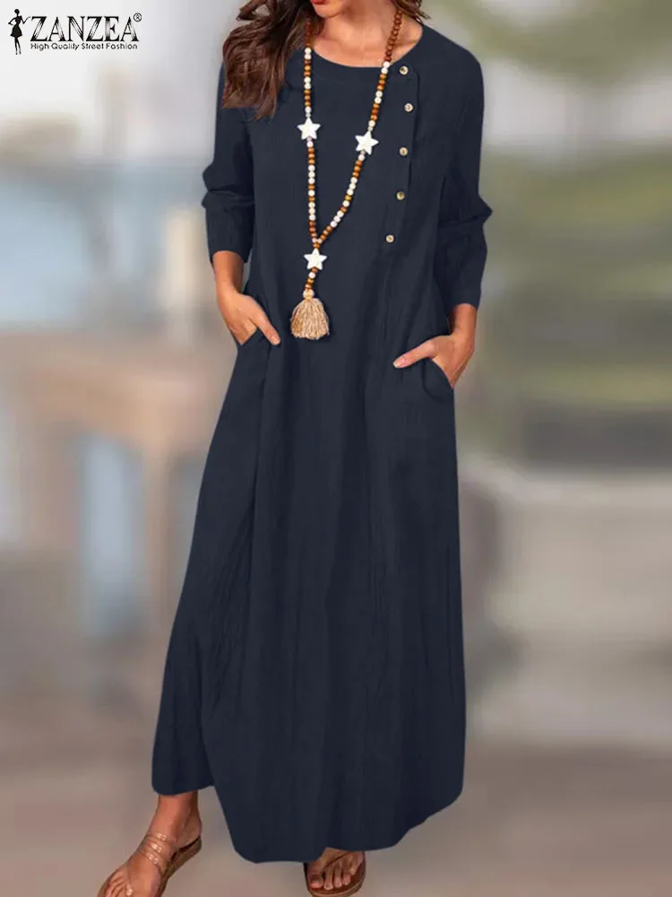 

ZANZEA Fashion Elegant Vestidos 3/4 Sleeve O-Neck Solid Color Kaftan Dress Autumn Women Casual Party Holiday Sundress Oversize
