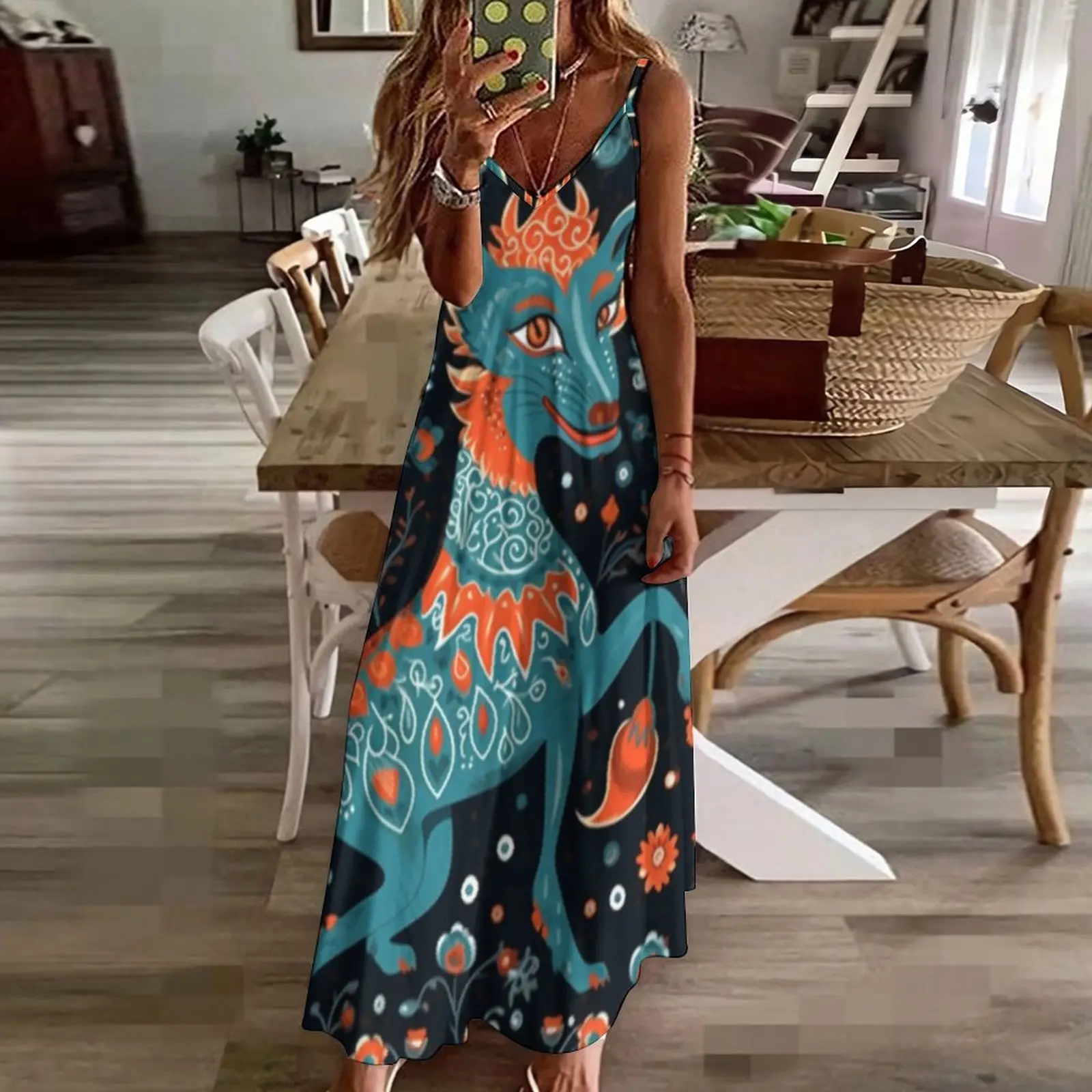 

Women Casual Loose Strap Dress Beach Summer Sexy Boho Maxi Dress Urkish Wolf Print Dresses Robe Femme