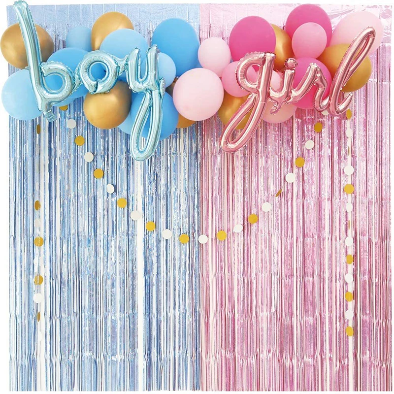 

48/51pcs Gender Reveal Decor Metallic Fringe Curtains Chrome Gold with Pink Girl and Blue Boy Foil Balloons Arch Christmas