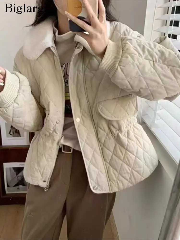 

Autumn Winter Furry Cotton Jackets Coat Women Korean Modis Pleated Ladies Cropped Jackets Casual Loose Plaid Woman Coats 2023