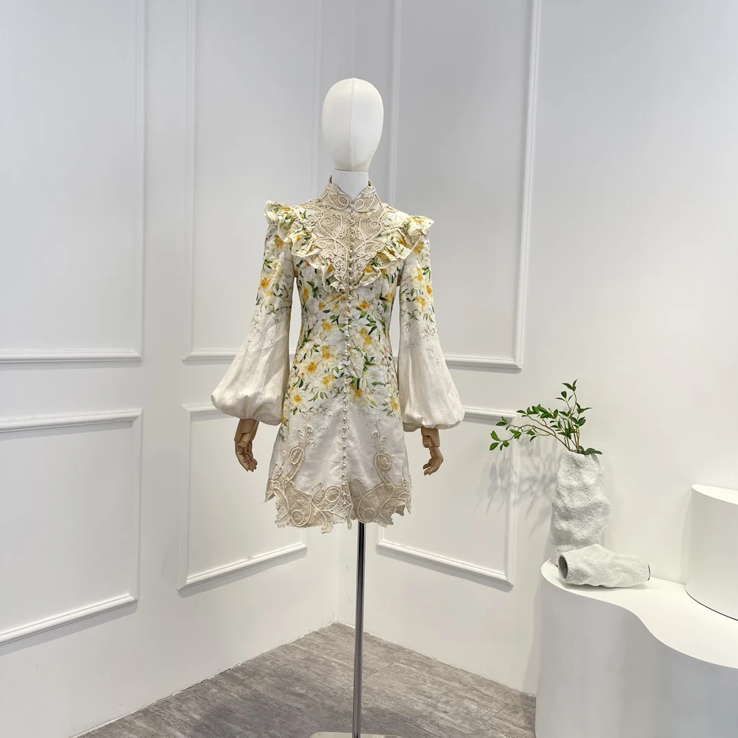 

2023 New Arrival Ruffled Exaggerated Sleeves Floral Lace Patchwork Buttons Invisible Zip Closure Women Mini Dress