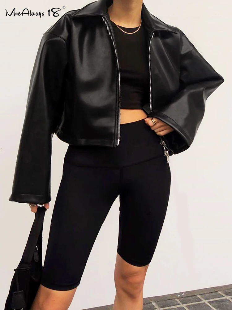

Mnealways18 Street Style PU Crop Coat Women Turn Down Collar Zipper Outwear Long Sleeves Spring Faux Leather Motorcycle Jacket