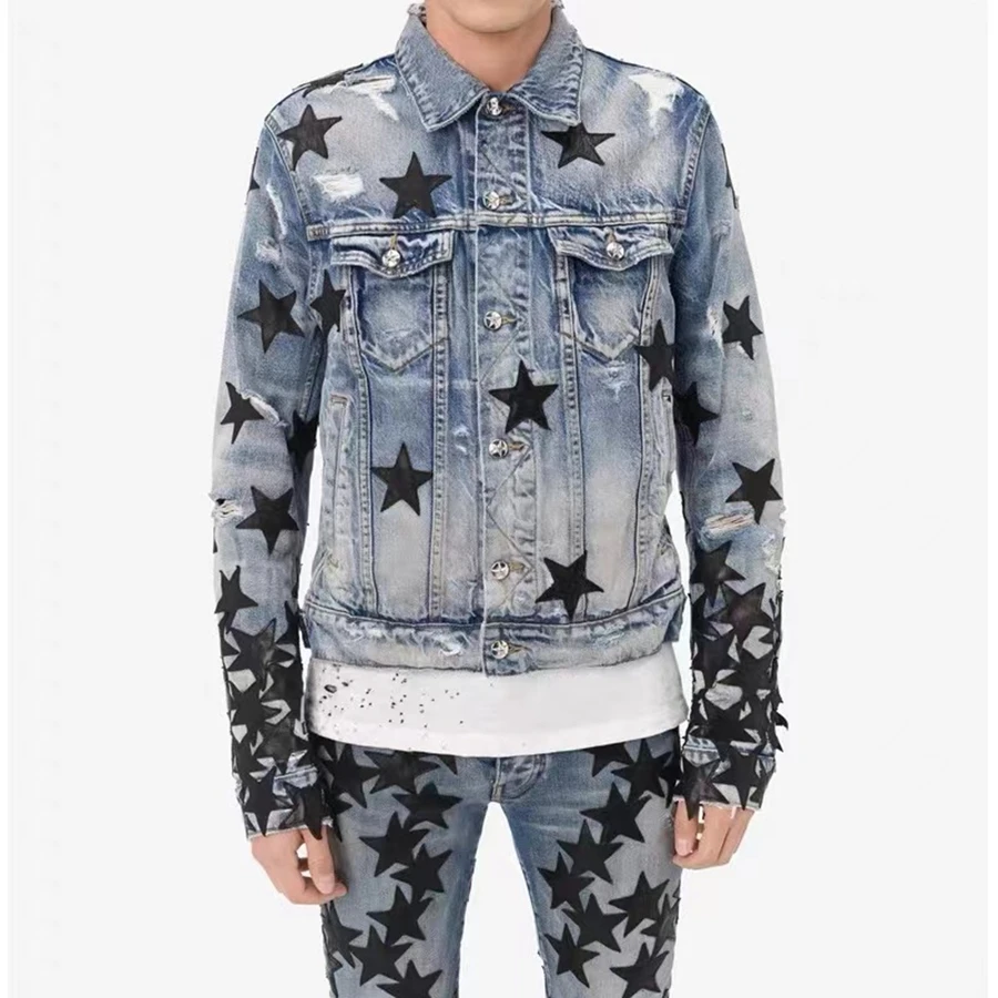 

Men's Pentagram Embroidery Denim Jacket International Brand Design High Quality Ripped Outwear America Luxury Brand Fashion Coat