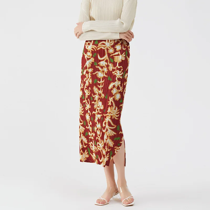 Miyake pleated retro style printed skirt women's summer new high-waisted split A-line skirt package hip skirt women