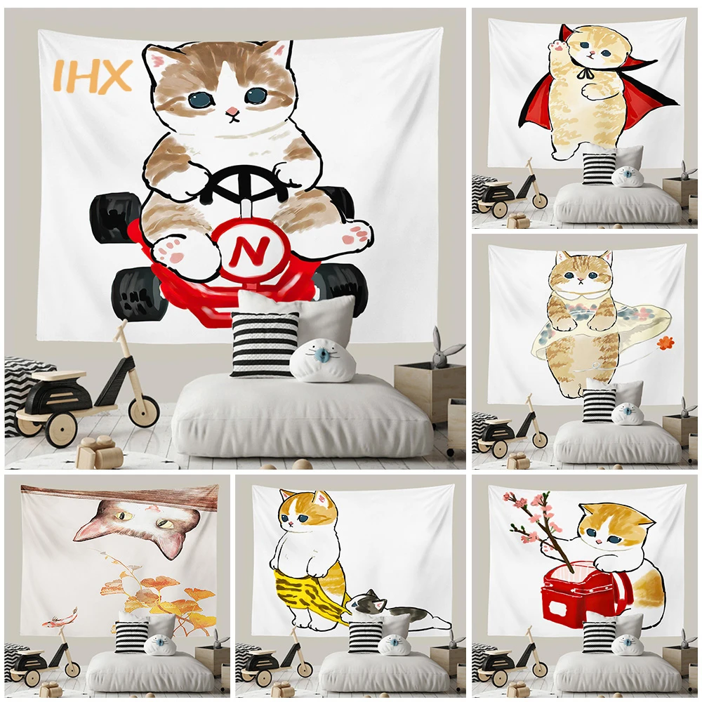 

Милый яркий комнатный декор, гобелен в стиле хиппи с мультяшным котом, настенное украшение в стиле бохо для детской спальни, домашнее эстети...