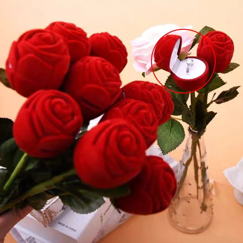 

Rose Flower Ring Box Velvet Red Rose Jewelry Cases Earring Display Boxes Holder Gift Bridal Wedding Jewelry Storage Packaging