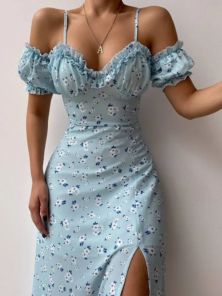 

Trendeez Casual Ditsy Floral V-neck Ruffles A-line Midi Dress