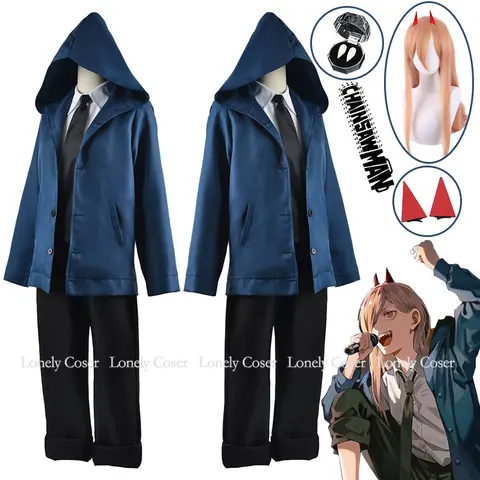 Power Cosplay Costume Anime Chainsaw Man Part 2 Blue Uniform Wig Teeth Hoodie Hairpins Blood Fiend Devil Makima Denji Girl Women