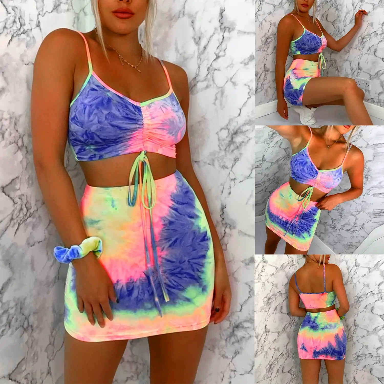

Ladies Fashion New Sling Print Tie Dye Gradient Suit Blue